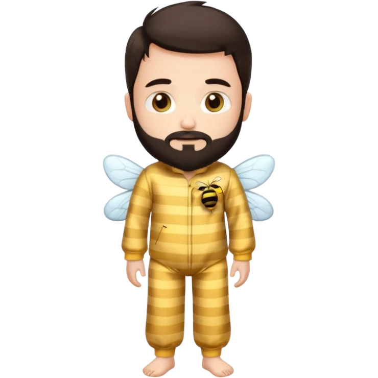 Grown up man with brown eyes, dark brown long hair, white skin, medium beard, full body in cute bee pijama emoji
