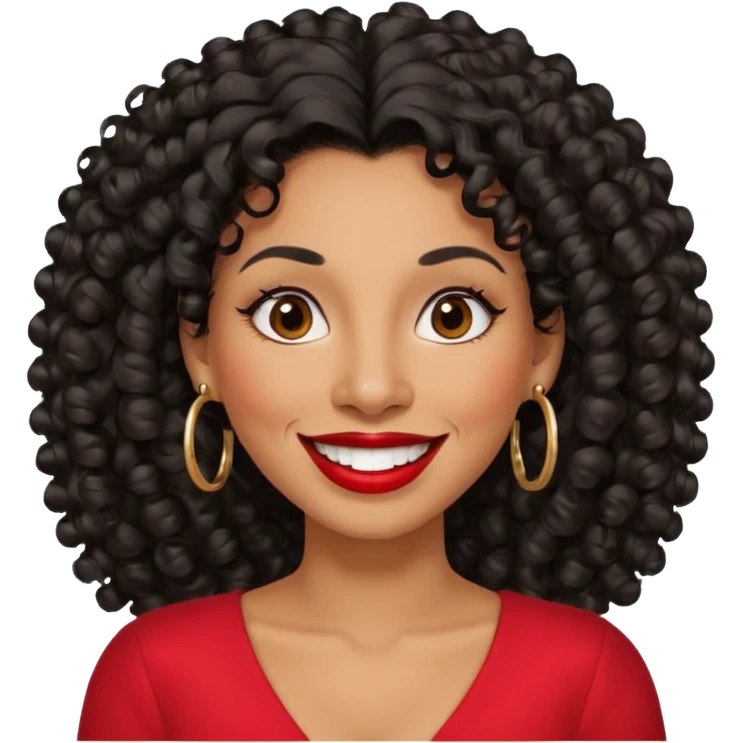 40 yr old peruvian woman, very curly long black hair, red lipstick, big smile, white teeth, brown eyes, hoop earings, side part to hair, round face emoji
