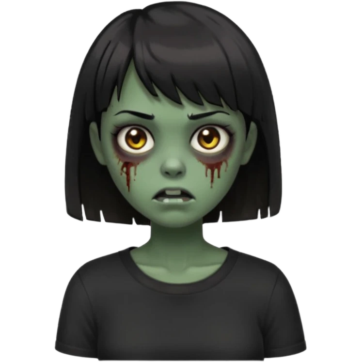 Zombie girl emoji verde escuro com cabelo curto liso preto no ombro e franja na altura da sobrancelha cobrindo completamente a testa, com uma blusa preta, olhos castanhos escuros emoji