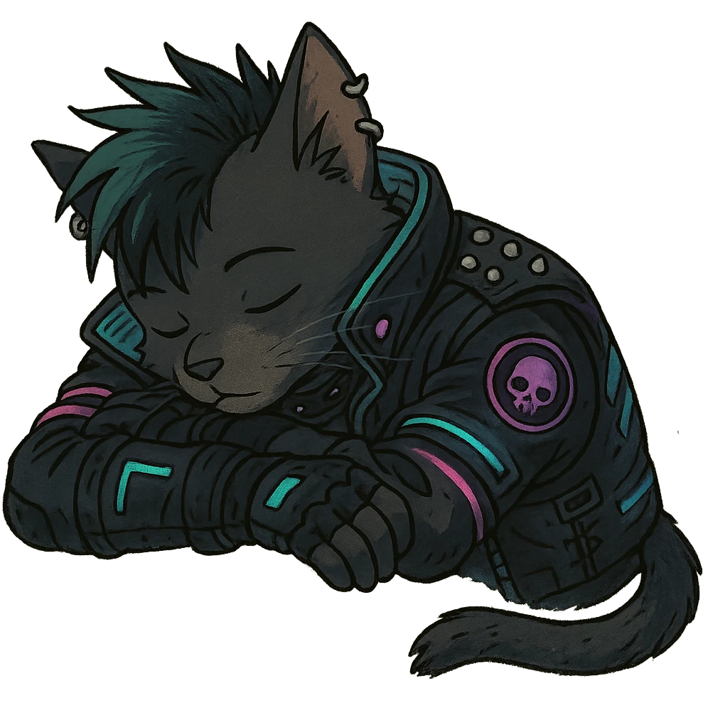  a anthro cat laying down his head to nap, punk gothic style, futuristic cyberwave cyberpunk, emoji