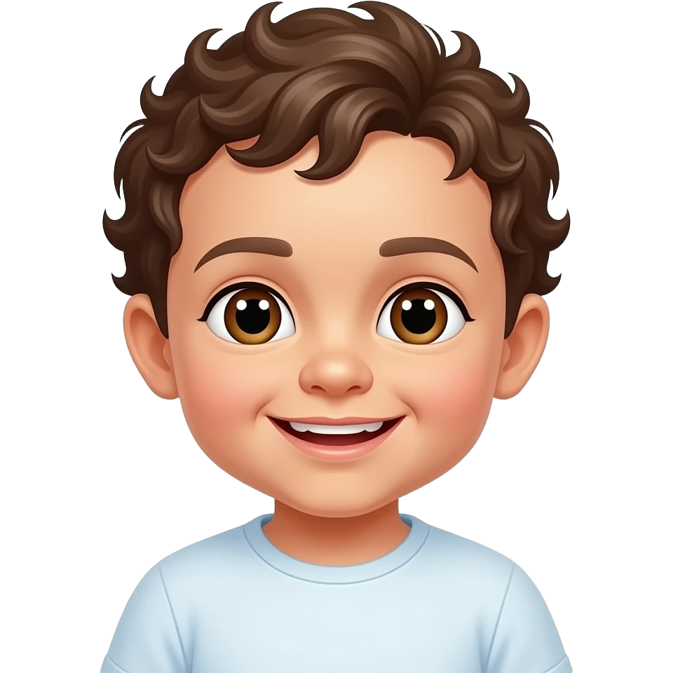 White 1 year old baby boy with curly hair with two teeth with brown eyes emoji
