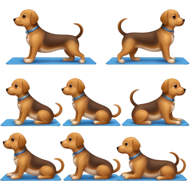 craeate me a series of emojis for those excersises (dog). I want seperate emojis for each excersise

Nose
Sit
Lay down
Spin
Focus
Drop
Walk next to me emoji