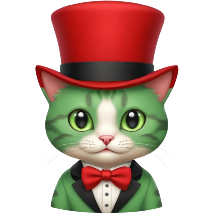 Steampunk:a very cute and adorable green anthropomorphic baby cat with a red top hat emoji