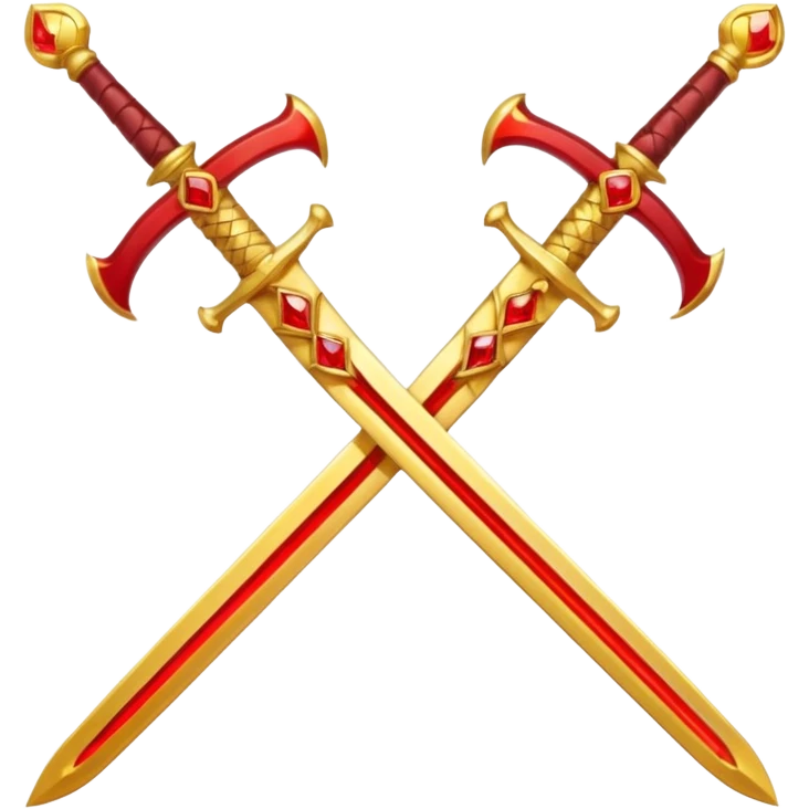 Two crossed swords that are golden in blade and handle and have fiery and royal appearence to them as well as red gem stones yellow in color emoji