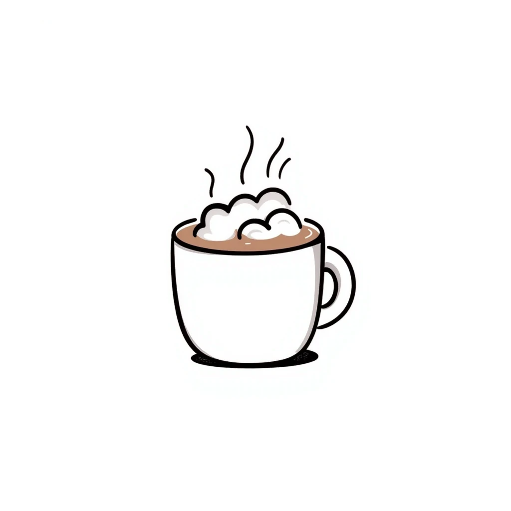 A mug of hot cocoa with marshmallows and steam in pastel colors (dd9fb0, ffc6d3, a3bfc9, c4bee2, f1b091), hand-drawn doodle style emoji