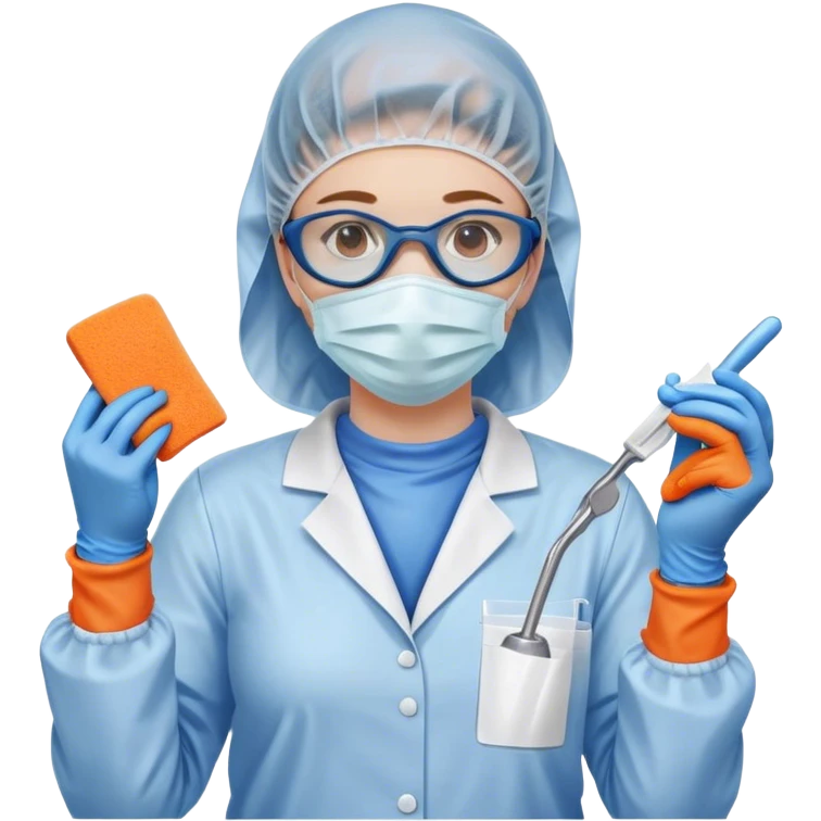 A meticulous cleanroom worker dressed in full protective gear, including a blue sterile suit, a face mask,  and orange gloves.  cleaning glasses with a wipe in one Hand emoji