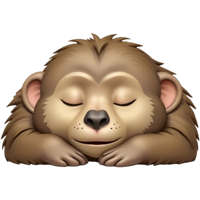 Meme-Worthy Cute Sleeping Baboon Portrait Emoji, Head resting peacefully with a contented smile, showcasing a robust build and a luxuriously soft Fur of earthy browns, eyes shut in a serene, restful nap, Simplified yet hilariously adorable features, highly detailed, glowing with a soft, drowsy light, high shine, relaxed and utterly lovable, stylized with an air of playful laziness, bright and heartwarming, soft glowing outline, capturing the essence of a comically sleepy baboon, so meme-worthy it feels like it could instantly become the next viral sensation of adorable slumber! emoji