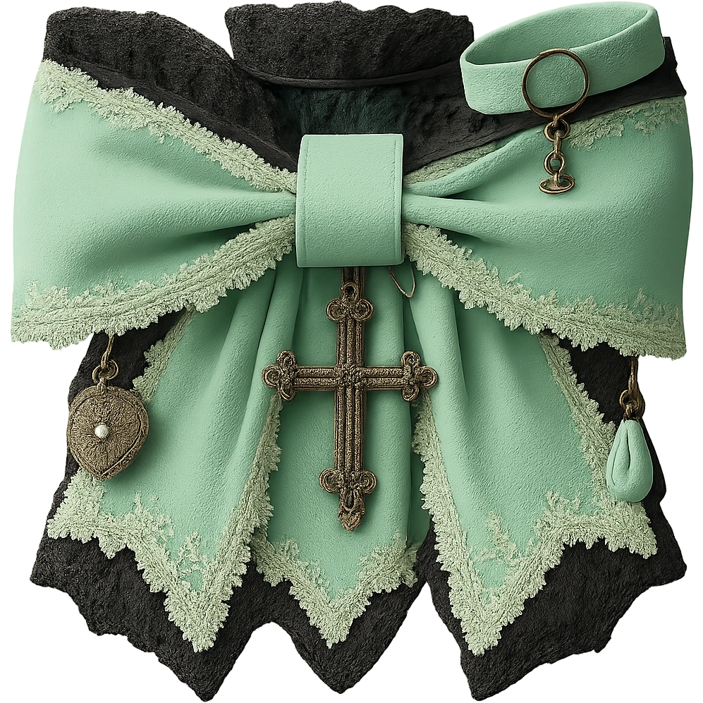 Make the gothic bow and accessories pastel green, keep lace and velvet details, photorealistic style, keep background transparent. emoji