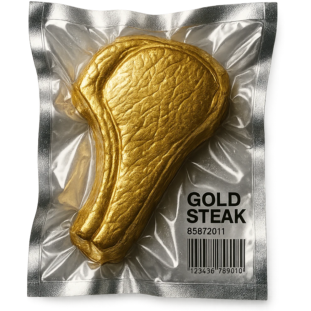 luxurious gold steak, glossy, vacuum-sealed style emoji