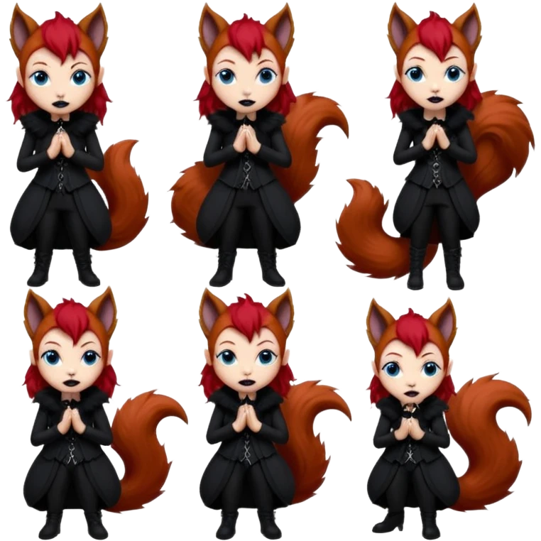  long curly red hair (darker), red pointed ears with black trim, black goth outfits, body and face human, blue eyes, more pointy chin, black lipstick, big fluffy red squirrel tail with black tips, like the attached photo with more outfits and poses,  emoji