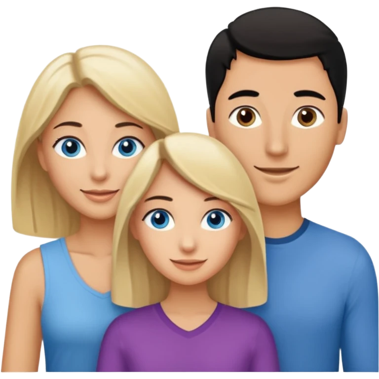 Blond woman blue eyes on left. Man with black hair and greye eye in the middle. Brown hair woman with greye eyes on the right. Happy together emoji