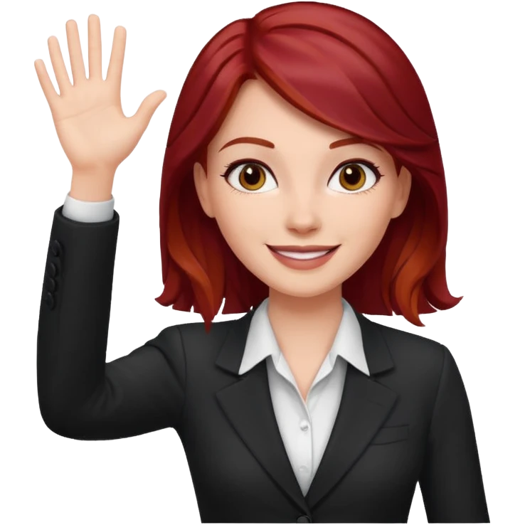 reate Emoji of white girl with bussines outfit is waveing with one hand and make her hair stronger dark red color please emoji