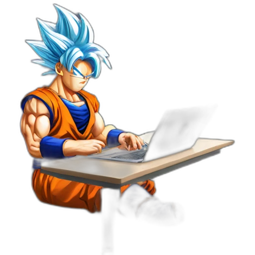 Dragonball goku sitting on his desk coding with the Rockies mountain in the background emoji