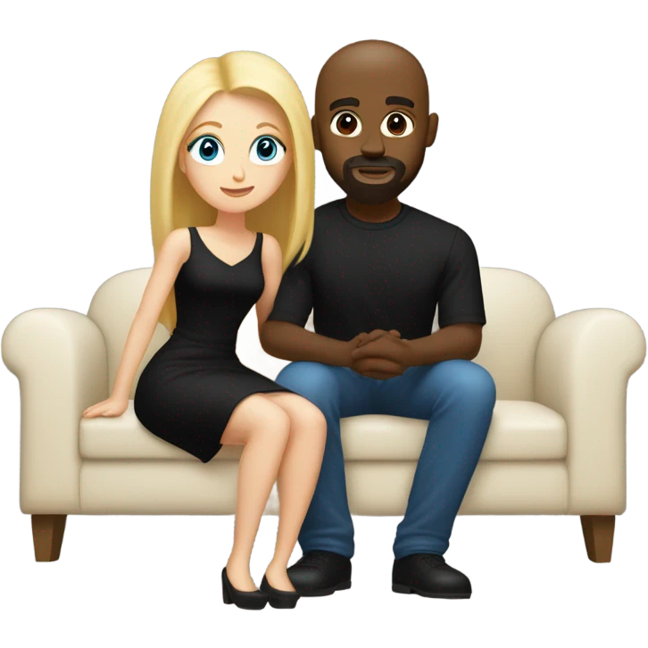 Blonde woman with blue eyes and long straight hair wearing a short black dress and a black man who is bald with a goatee seated together on a sofa enjoying a passionate embrace.   emoji