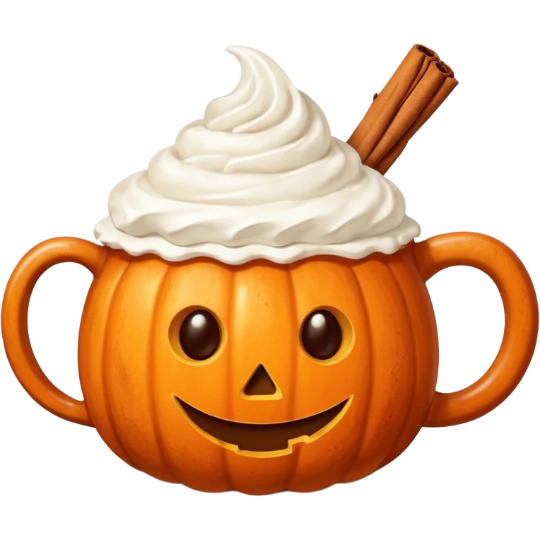 Steaming coffee Mug with whipped Cream and cinnamon Dust on Cream.  Small Punkin and 3 sticks of cinnamon next to mug emoji