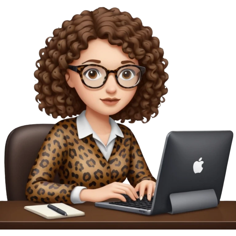 a white young woman with curly brown hair typing in a computer, she's using dark brown leopard glasses and clearly writing something emoji
