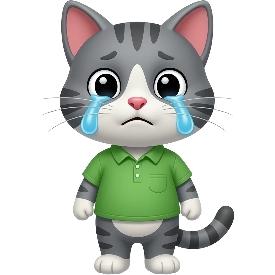 Cartoon brother gray cat wearing a green shirt standing  crying emoji