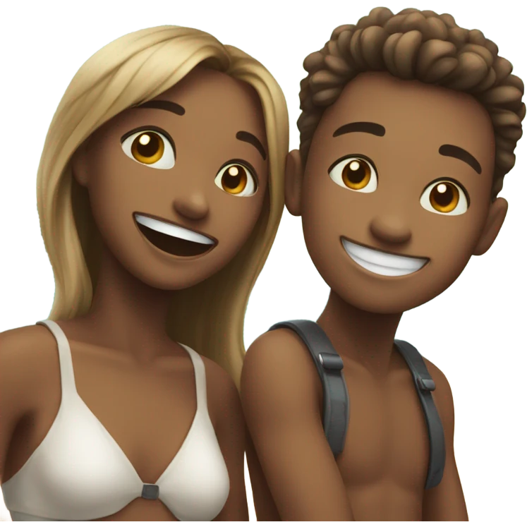A boy and girl sharing a grin on the beach emoji