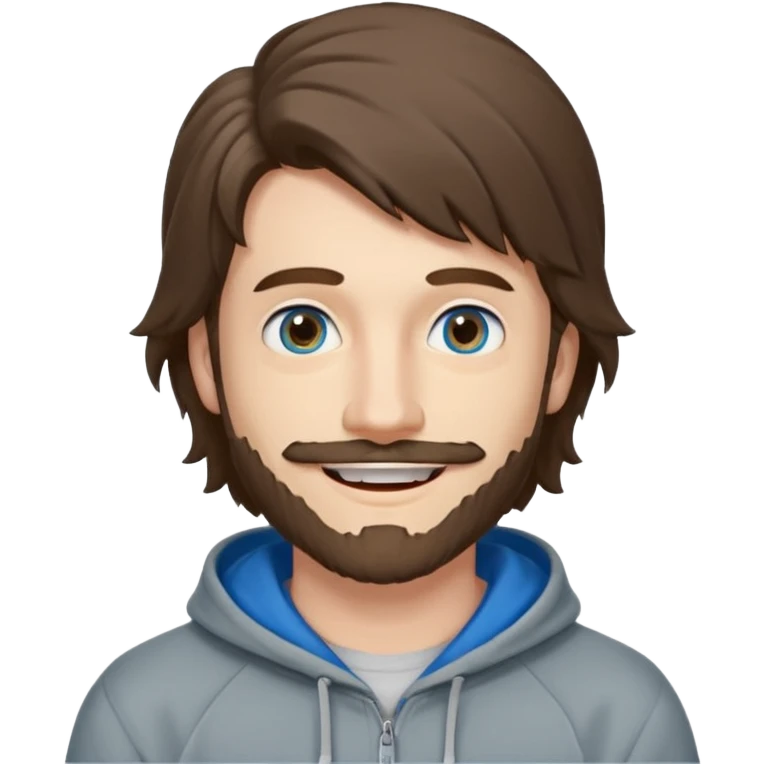 25 year old man, short scruffy beard and thin moustache, brown puffy mullet, blue eyes, big smile, white teeth, big lips, pronounced jaw, hair longer in back, sticking up on top, thin face, grey hooded sweatshirt, pale skin, big smile, blue eyes, puffy hair emoji