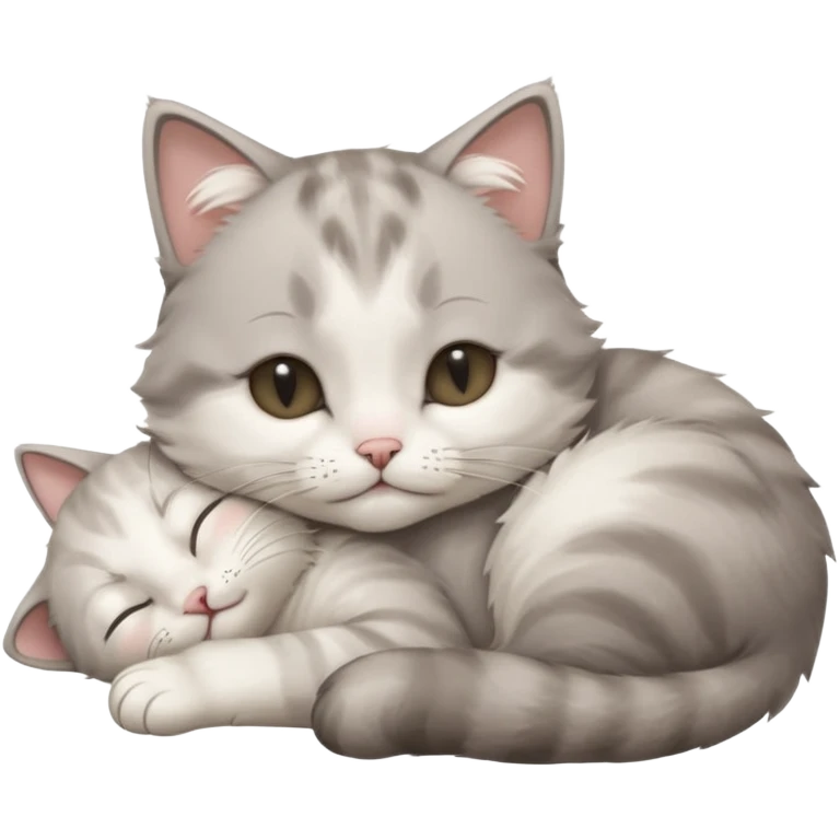 grey and white small cat with its eyes closed lying down with its paw curled and holding up his head emoji
