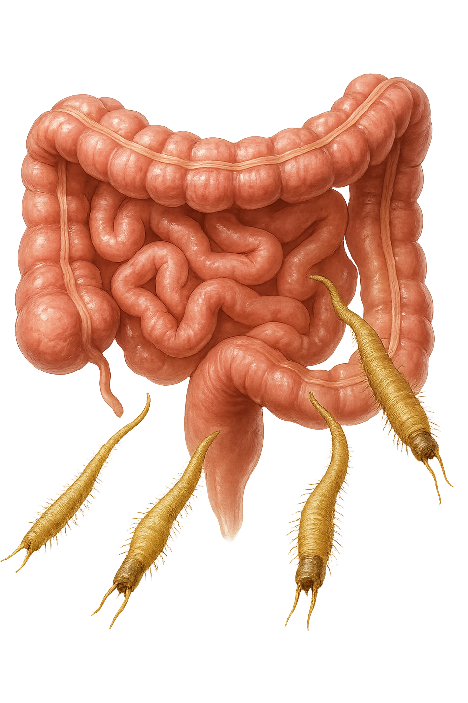 Realistic medical image of microscopic parasites leaving the intestines after taking natural kinesiological drops, symbolizing detox and cleansing. emoji