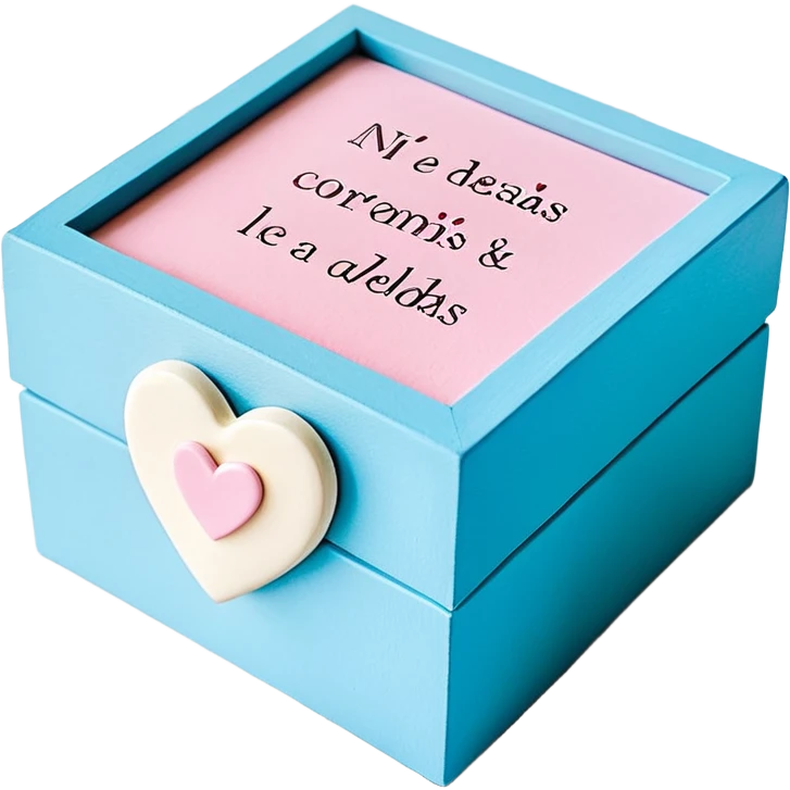 Una cajita rosa pastel con detalles fucsia dentro un recuadro crema con letras fucsias (Declaraciones de Fe – Exitosas con Dios – Romanos 4:17), corazones decorativos con palabras y un corazón azul con el número 99 arriba. emoji