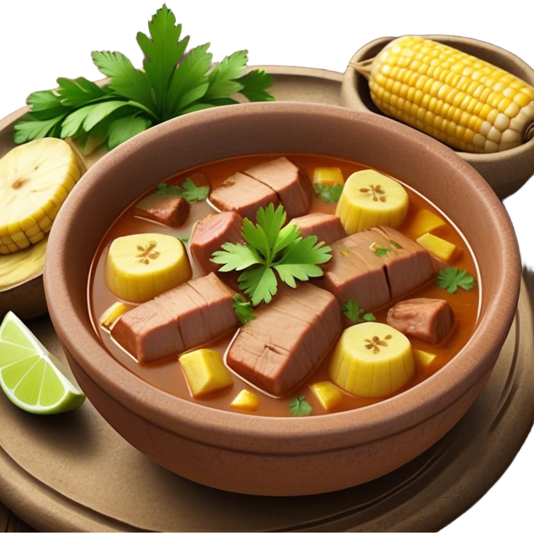 Cinematic Realistic Sancocho Antioqueño Emoji, depicting a hearty Colombian stew brimming with tender cuts of meat, yuca, plantains, corn on the cob, and potatoes in a rich, flavorful broth. Served in a rustic clay bowl with fresh cilantro and lime on the side, rendered with warm, inviting textures and homely, comforting lighting. emoji