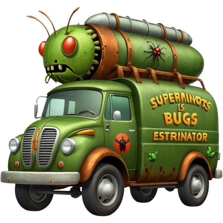 Heroic SuperBug Ron’s exterminator superminator antique tall moving van (motto: Bombing creepy bugs is fun) emoji