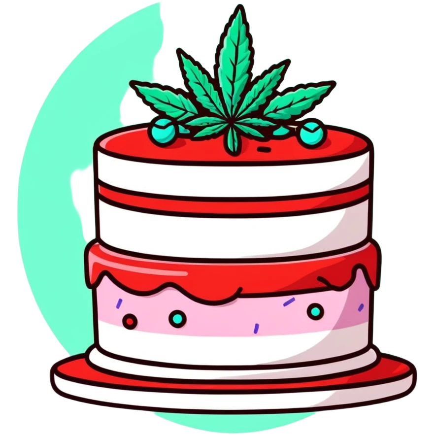 Festive confetti cake with mint leaves and a cannabis leaf as decoration emoji