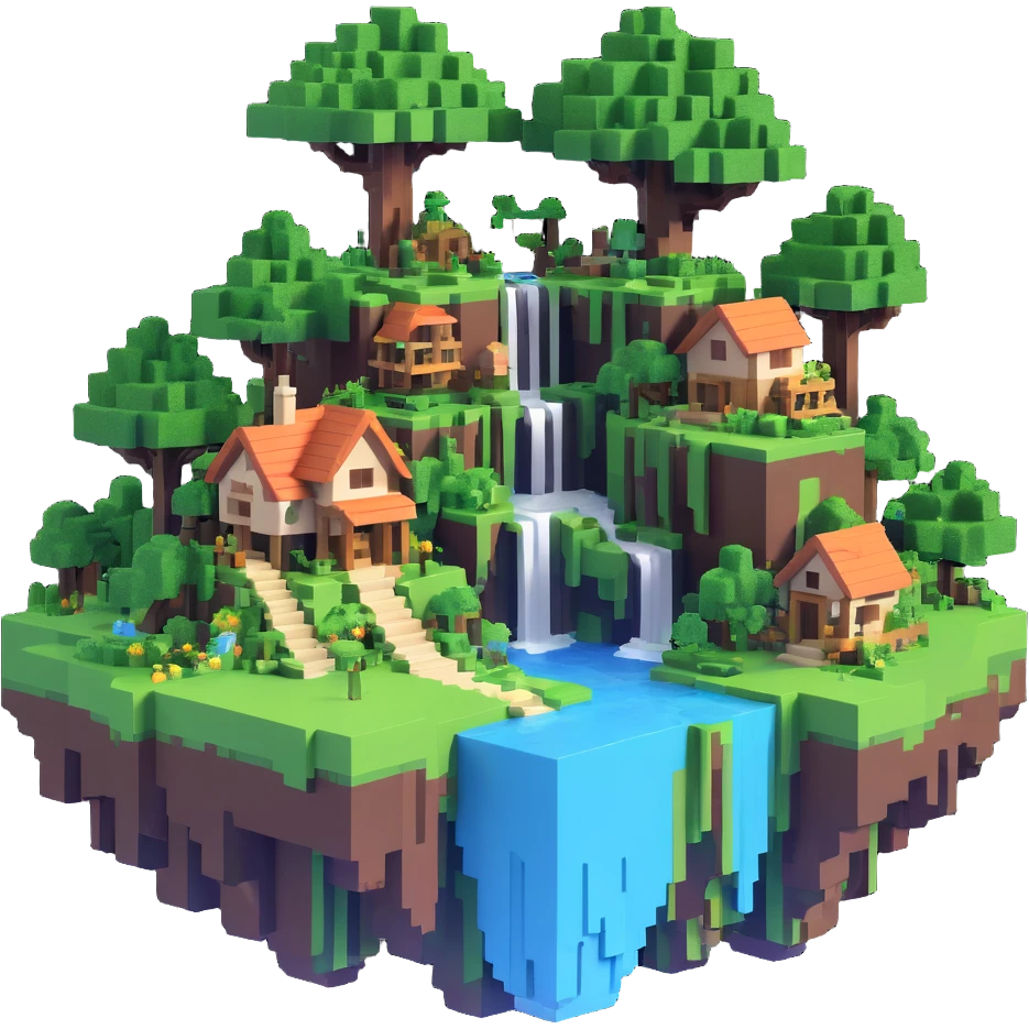 floating island with lush greenery, waterfalls, and a small house, utopian Minecraft-inspired world emoji