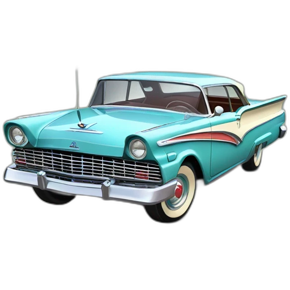cartoonish drawing of 1957 Ford Fairlane; isometric view; atari gameplay; screen emoji