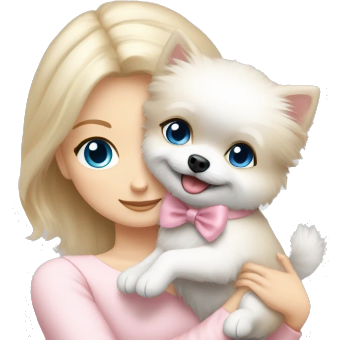 Blond girl white skin blue eyes hugging white Pomeranian with light pink bow emoji