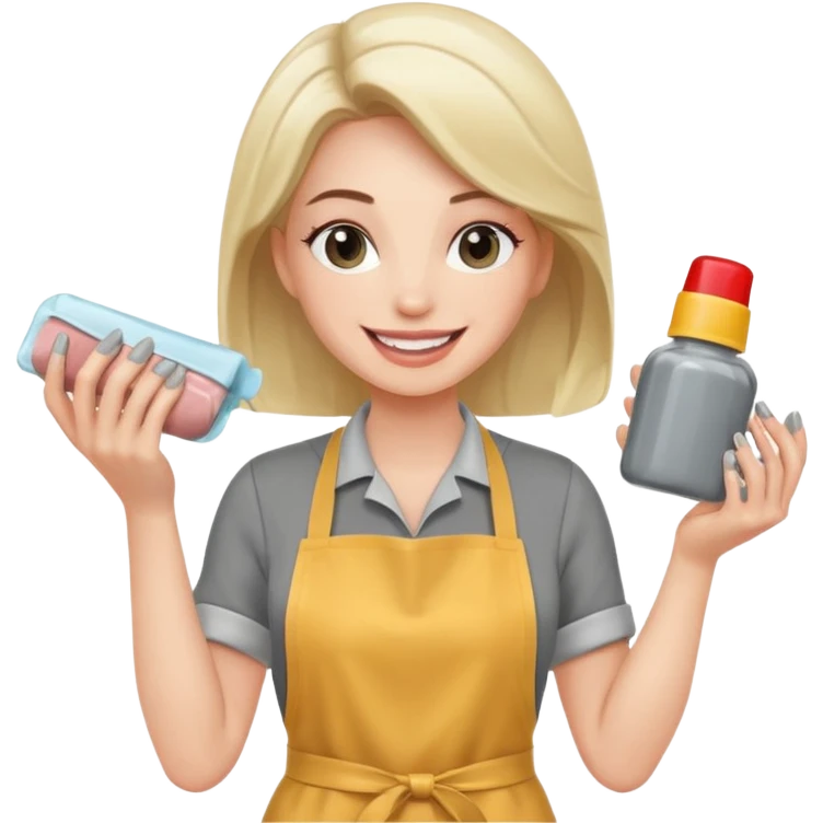 female nail master with buff and gel polish in hand in grey apron  emoji