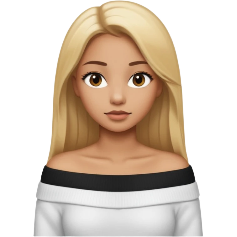 Mujer color de piel moreno claro, con cabello rubio largo, lacio y suelto, ojos negros viendo a la cámara, usando un suéter off shoulders blanco emoji