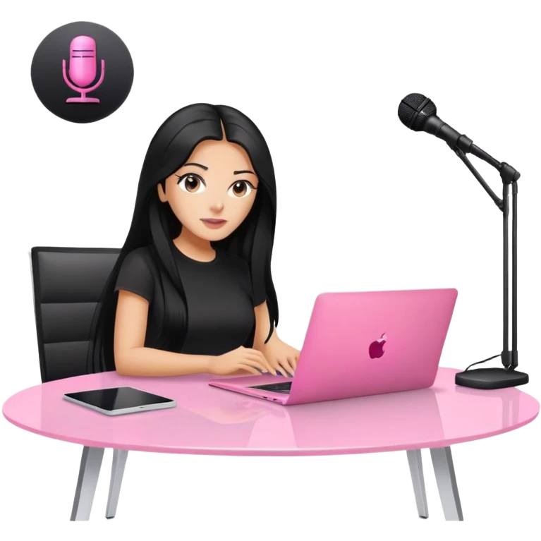 tanned long black hair woman, sat at desk with pink MacBook, podcast microphone black top and pink, sexy, glas table emoji