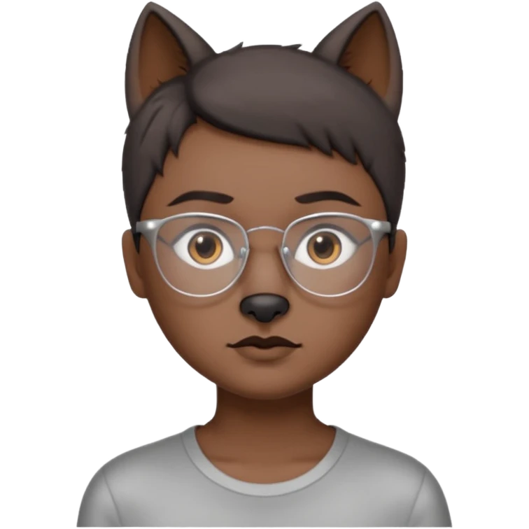 personagem com Wolf cut curto, cabelo castanho escuro, olho castanho escuro, sombrancelha castanho escuro, óculos sem aro prata. emoji