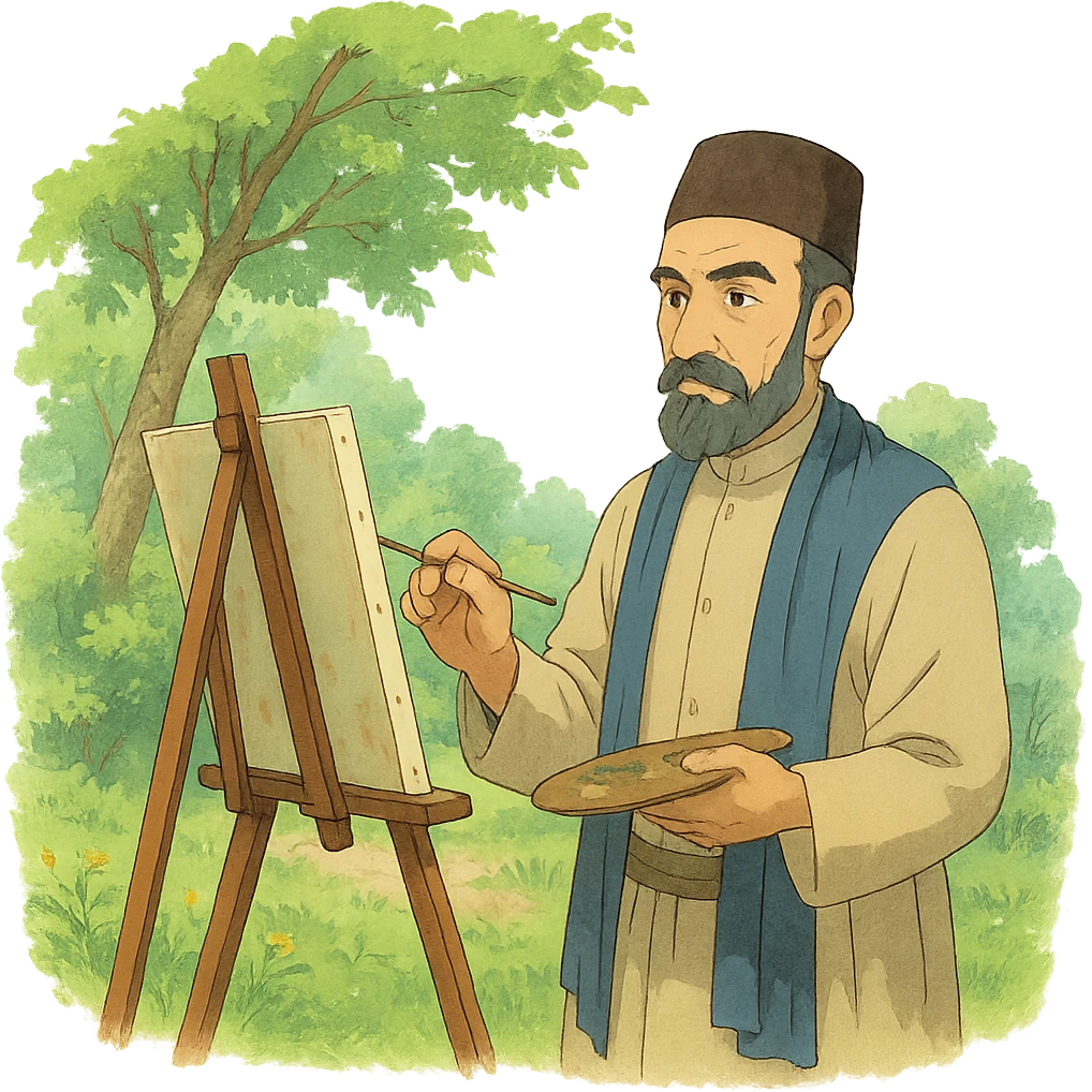 Kamal-ol-molk, Iranian painter, ghibli-inspired style, painting outdoors emoji