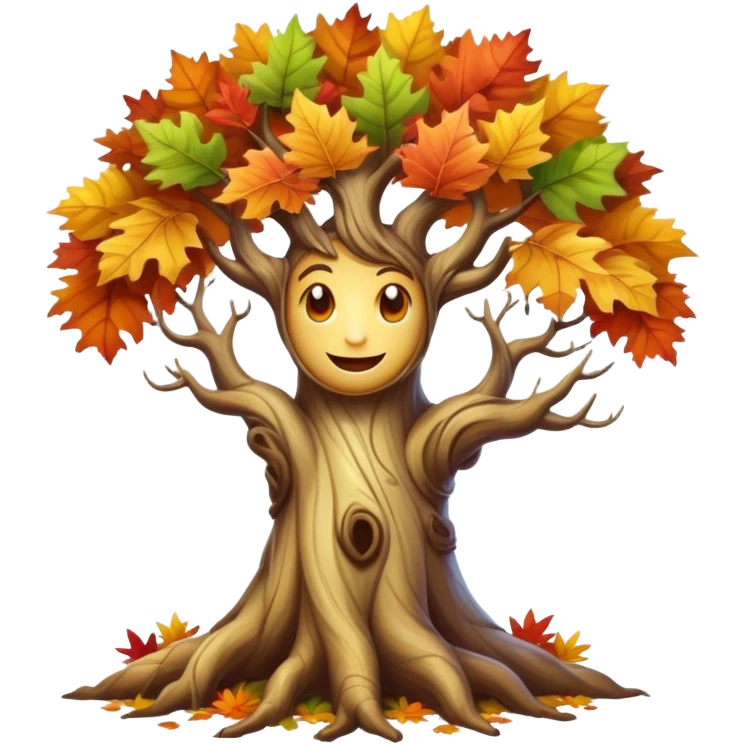 Create a mystical forest menacing creature with the ancient wisdom of a sentient tree whose twisted trunk supports a crown of vibrant autumn foliage surrounding a cheerful, sun-like face that blooms with seasonal energy.


 emoji
