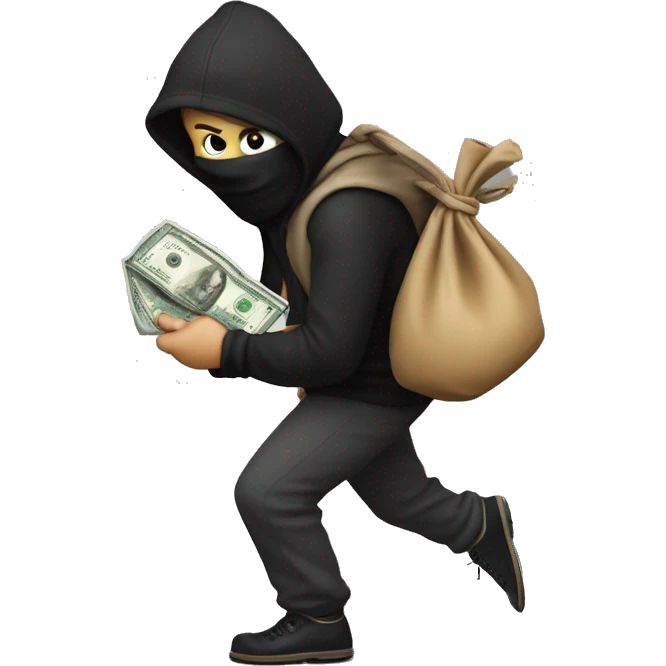 Robber tip toeing away while holding a bag of money over his shoulders  emoji