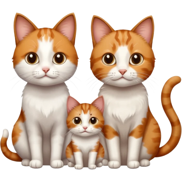 3 different coloured small cats including a brown tabby and white, a patchy calico, and a ginger and white emoji