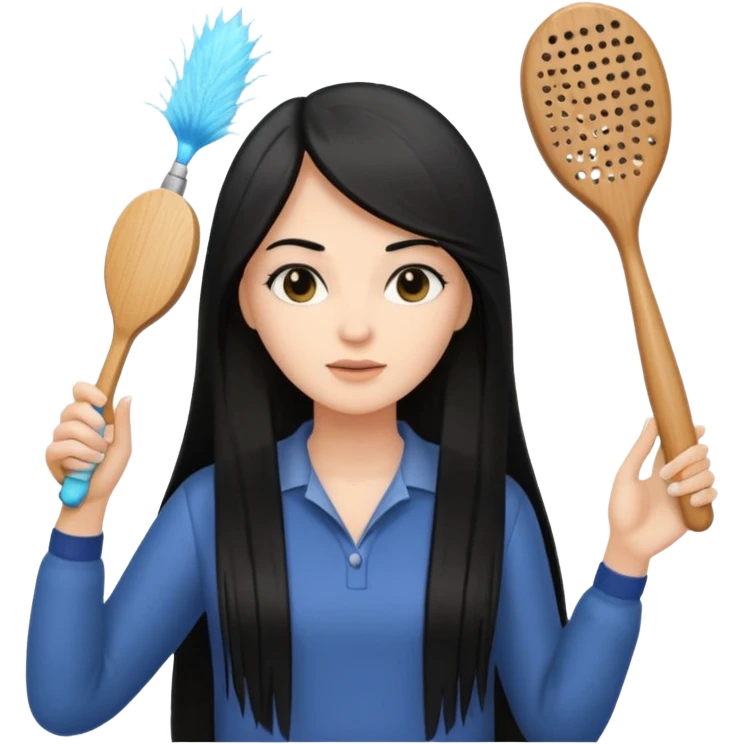 A white woman with long, straight black hair, holding a wooden paddle hairbrush in her left hand and spraying a hair mist bottle with her right hand toward her hair. emoji