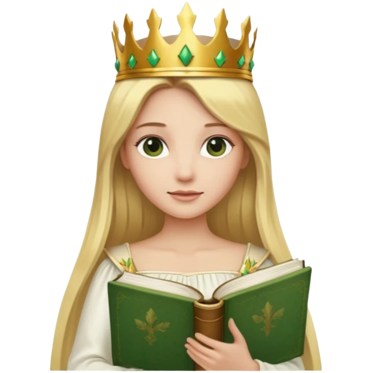 Long blonde straight Hair Women with green Book, white dress , crown

 emoji