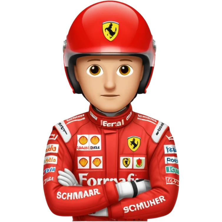 Michael Schumacher in his 2004 Ferrari racing suit, standing, red suit with sponsor logos, helmet under arm, confident pose, emoji style emoji