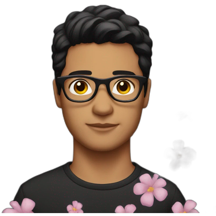 dark hair guy wearing glasses and dark t-shirt with flowers print emoji