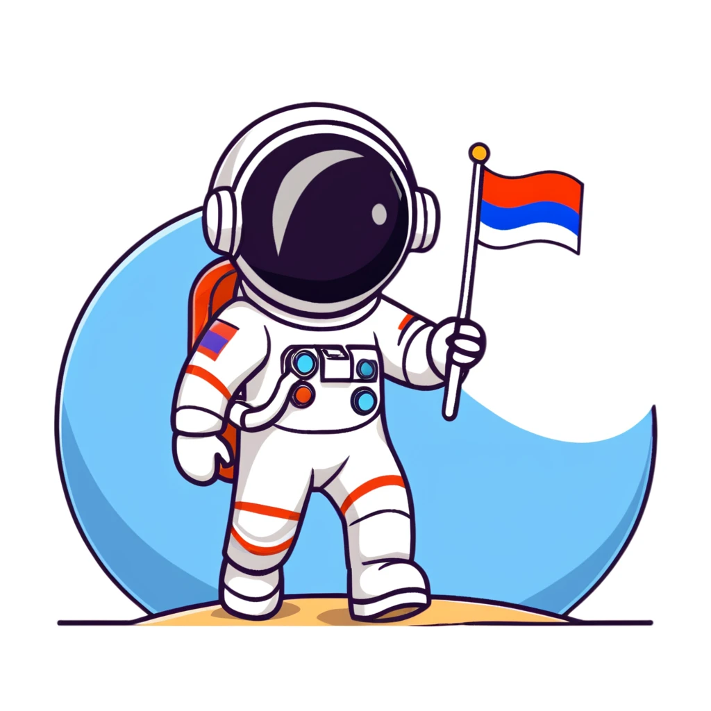 Cosmonaut walking on a planet surface, wearing a spacesuit with Russian flag, light hair and light skin visible through helmet emoji