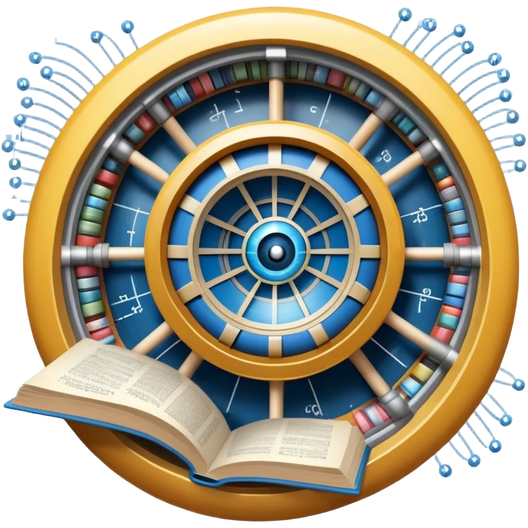 An icon featuring a physics textbook, a large Hadron Collider with particles flying off, symbolizing the study of physics. The design includes atomic models, energy waves, and scientific formulas, representing fundamental physical principles and research. Transparent background. emoji