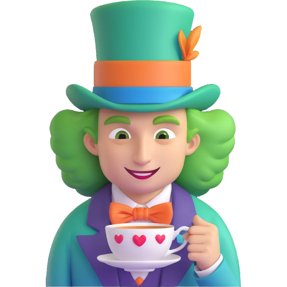 Alice in Wonderland Mad Hatter, eccentric character with a tall green hat, wild hair, bow tie, and a teacup, whimsical and colorful design, stylized as an emoji emoji