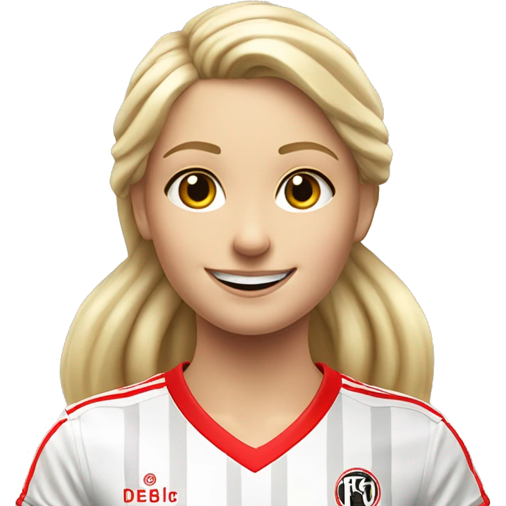 A blonde Girl smiling with a red and white Soccer jersey of the german Soccer Club 1. fc köln  emoji