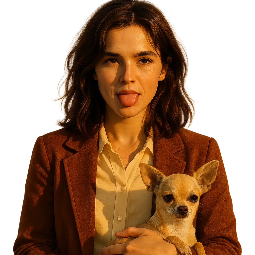 portrait centré d'une femme inspirée du visage de Zoe Deutch, teint hâlé, taches de rousseur discrètes, expression rebelle et enjouée, cheveux bruns mi-longs avec reflets auburn, chemise couleur #FFF8CA, veste rouille, tenant un chihuahua beige-marron, effet golden hour, fond transparent, style série Netflix, ambiance minimaliste et épurée emoji