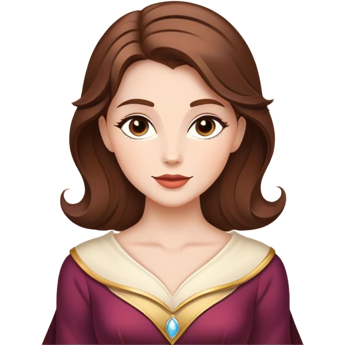 Cinematic Majestic Belle Portrait Emoji, rendered in a clean, vector-style with bold, simplified shapes. Show Belle with a serene, noble expression, fair skin and gracefully styled brown hair, her classic attire refined and understated. The design radiates a majestic, enchanting glow with high shine and a soft glowing outline, embodying royal elegance. emoji